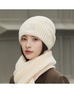 Women's Winter Knit Beanie & Scarf Set, Thick Vertical Stripe Warm Slouchy Hat with Ear Protection and Scarf—Beige