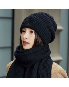 Women's Winter Knit Beanie & Scarf Set, Thick Vertical Stripe Warm Slouchy Hat with Ear Protection and Scarf—Black