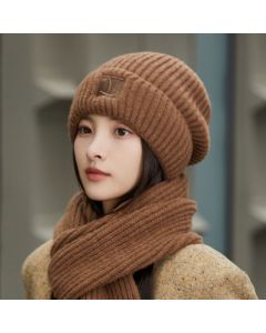 Women's Winter Knit Beanie & Scarf Set, Thick Vertical Stripe Warm Slouchy Hat with Ear Protection and Scarf—Brown