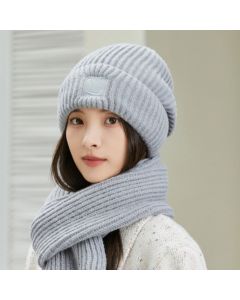 Women's Winter Knit Beanie & Scarf Set, Thick Vertical Stripe Warm Slouchy Hat with Ear Protection and Scarf—Gray