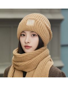 Women's Winter Knit Beanie & Scarf Set, Thick Vertical Stripe Warm Slouchy Hat with Ear Protection and Scarf—Khaki