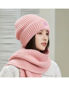 Women's Winter Knit Beanie & Scarf Set, Thick Vertical Stripe Warm Slouchy Hat with Ear Protection and Scarf—Pink