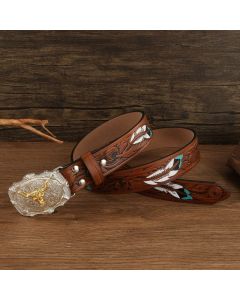 Vintage Western Cowboy Belt – Retro Bull Head Embossed Genuine Leather Belt for Men
