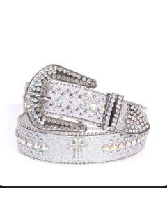 Y2K Bling Rhinestone Belt for Women Glitter Cross Studded Waist Strap Croc Texture Adjustable 105cm Dress Belt-White