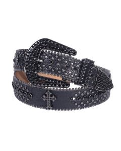 Y2K Bling Rhinestone Belt for Women Glitter Cross Studded Waist Strap Croc Texture Adjustable 115cm Dress Belt-Black