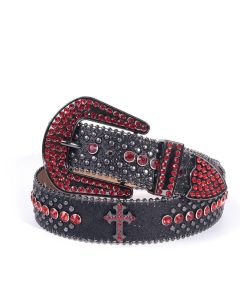 Y2K Bling Rhinestone Belt for Women Glitter Cross Studded Waist Strap Croc Texture Adjustable 125cm Dress Belt-Black-Red