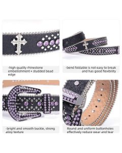 Y2K Bling Rhinestone Belt for Women Glitter Cross Studded Waist Strap Croc Texture Adjustable 135cm Dress Belt-Black-Purple