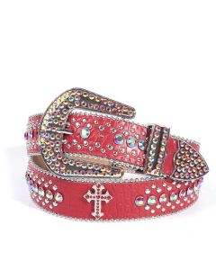 Y2K Bling Rhinestone Belt for Women Glitter Cross Studded Waist Strap Croc Texture Adjustable 105cm Dress Belt-Red