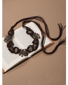 Boho Coin Turquoise Macrame Wide Waist Belt Hand Woven Fringe Drawstring Ethnic Dress Cincher Sash