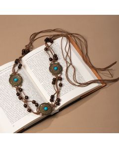 Vintage Turquoise Metal Disc Wooden Bead Macrame Waist Belt Adjustable Drawstring Boho Sash for Women Dresses