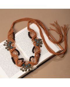 Rust Colour Macrame Coin Turquoise Wide Waist Sash Hand Woven Adjustable Fringe Boho Dress Belt