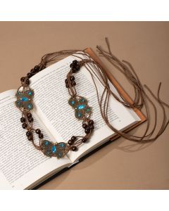 Vintage Butterfly Turquoise Metal Wooden Bead Wide Macrame Waist Belt Adjustable Fringe Drawstring Ethnic Cincher