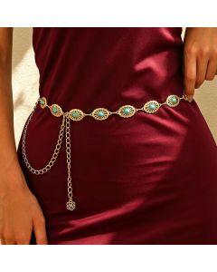 Vintage Turquoise Gold Metal Waist Chain Hollow Floral Linked Belt Adjustable Dangle Chain Sash for Dresses