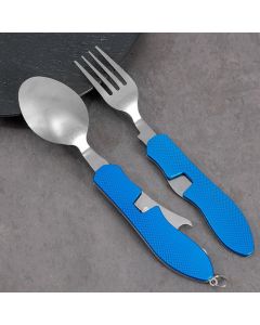 Folding Camping Cutlery Set, Multi Function Stainless Steel Spoon Fork Combo for Picnic Hiking Travel Backpacking-Blue