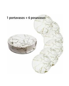 7PCS Drink Coaster Reversible Leather Round Platinum Marble Appearance 10cm Cup Mat for Home