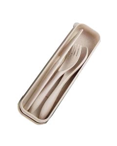 Wheat Straw Cutlery Set Modern Portable Fork Spoon Knife Tableware with Box for Office School Picnic Beige