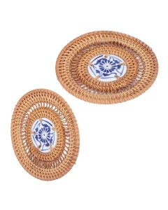 Blue and White Porcelain Coaster Round Woven Rattan Blue White Porcelain Cup Holder for Basil Cups Rattan Cups10cm/3.9in