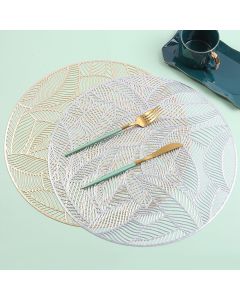 Placemats and Coasters Set Hollow Insulation 6 Pcs Round Dining Table Place Mats and 6 Pcs Leaf Shape Cup Coasters Gold