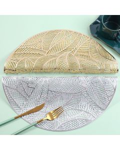 Placemats and Coasters Set Hollow Insulation 6 Pcs Round Dining Table Place Mats and 6 Pcs Leaf Shape Cup Coasters Silver