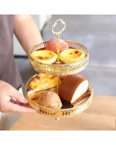 Double Layer Pastry Tray Decorative Copper Gold Biscuits Dessert Display Plate for Wedding Vertical Grain