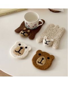Bear Wool Felt Coaster Cute Soft Insulated Anti Slip Decorative Drink Coaster for Coffee Brown Free Size