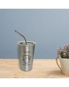Stainless Steel Cold Tumbler 500ml with Metal Straws Lid Iced Coffee Travel Mug for Coffee Water Tea Happy Bear