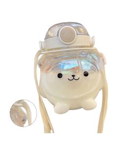 Large Water Bottle 1000ml Cartoon Bear Shape Portable Drinking Bottle with Straw Strap for Summer White