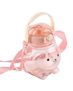Large Water Bottle 1000ml Cartoon Bear Shape Portable Drinking Bottle with Straw Strap for Summer Pink