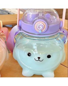 Large Water Bottle 1000ml Cartoon Bear Shape Portable Drinking Bottle with Straw Strap for Summer Purple