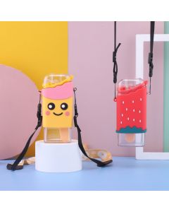 Portable Water Cup Cute Cartoon Design Large Capacity Plastic Water Bottle with Carry Cord Straw for Students Style 1 301ml‑400ml