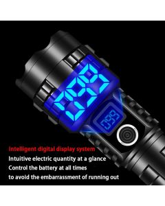 High Lumen LED Flashlight Rechargeable Zoomable Tactical Torch with LCD Power Display Black