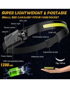 LED Headlamp Rechargeable Headlamp with Motion Sensor 4 Modes Outdoor Waterproof Flashlight for Camping, Hiking, Fishing