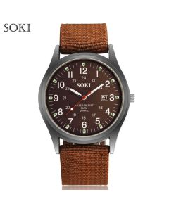 Men Canvas Watch Quartz Calendar Military Green Brown