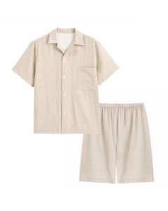 Japanese Cotton Pajama Suit Women Men Short Sleeve Women's linen gray powder plaid short sleeve-short sleeve trousers