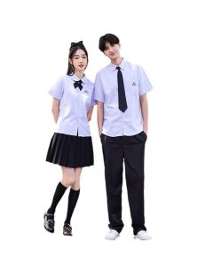 Thai School Uniform Shirt Cotton Blend Embroidery Badge Thai women's long sleeve + wide bow tie XS