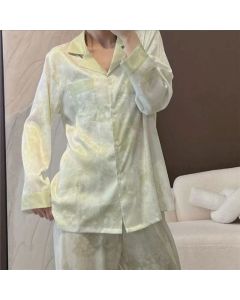 Women Long Sleeve Sleepwear Set Polyester Home Double-length green# twill sand painting M