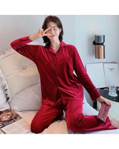 Women Winter Velvet Sleepwear Set Long Sleeve 096# Red Female M