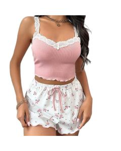 Women Sleepwear Set V Neck Sleeveless Shorts Suit Blue XL