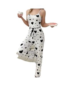 Women Polyester Pajamas Set Sleeveless Printed Sleepwear Pink and Black L