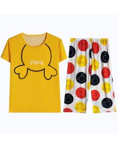 Women Cartoon Pajama Set Summer Thin Polyester S short-sleeved shorts green sleeping cat M
