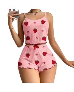 Women Sleepwear Set Summer Spandex Print Cherry on white background XL