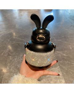 Cute Bunny Ear Diamond Studded Insulated Tumbler with Straw and Strap, Portable Large Capacity Water Bottle for Daily Commute and Outdoor Travel (White)