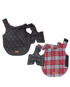 Reversible Winter Dog Coat with Plaid and Quilted Sides, Warm Cotton-Filled Vest for Outdoor Walks, Adjustable Velcro Straps for a Secure Fit (XS, Brown)