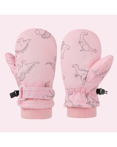 Kids' Dinosaur Patterned Warm Ski Mittens with Waterproof Shell, Adjustable Wrist Straps, and Anti-Loss Clip for Winter Outdoor Play, Snow, and Cold Weather Adventures (L, Grey)
