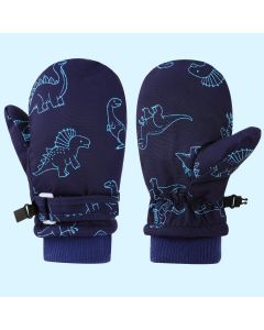 Kids' Dinosaur Patterned Warm Ski Mittens with Waterproof Shell, Adjustable Wrist Straps, and Anti-Loss Clip for Winter Outdoor Play, Snow, and Cold Weather Adventures (M, White)