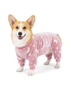 Cozy Winter Pet Fleece Four-Legged Bodysuit, Warm Flannel Full-Body Pajamas for Small to Medium Dogs, Star & Moon Print, Elastic Cuffs for Easy Wear (XS, Grey)