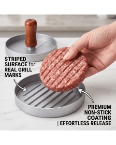 Professional 4.6-inch aluminum burger patty maker with ergonomic wooden handle, non-stick burger patty maker, suitable for grilling, heavy-duty manual patty press, suitable for beef, poultry and veggie burgers, easy-to-clean outdoor grill pan.