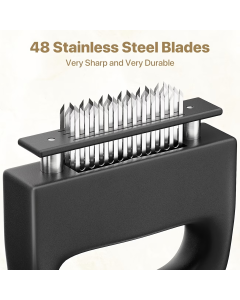 Heavy-duty meat tenderizer with 48 stainless steel needles and a locking mechanism – suitable for tenderizing steaks, beef, pork, turkey, fish, and poultry. Can be used with marinades. The black ABS handle is designed for professional kitchens.