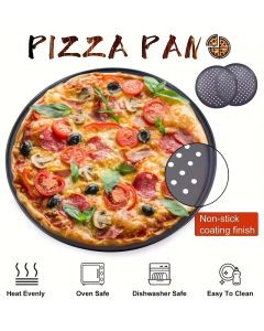 Two pizza baking pans, each 30.48 cm in diameter, feature ventilation holes for improved cooking efficiency and a non-stick coating, making them ideal for oven use.