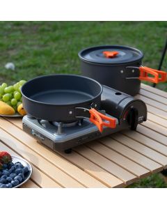 Gray Yellow camping cookware set, 3-4 person pot set, outdoor cooking kit, camp stove pots, camping kitchen set, australian camping gear, portable pots and pans, family camping cookware